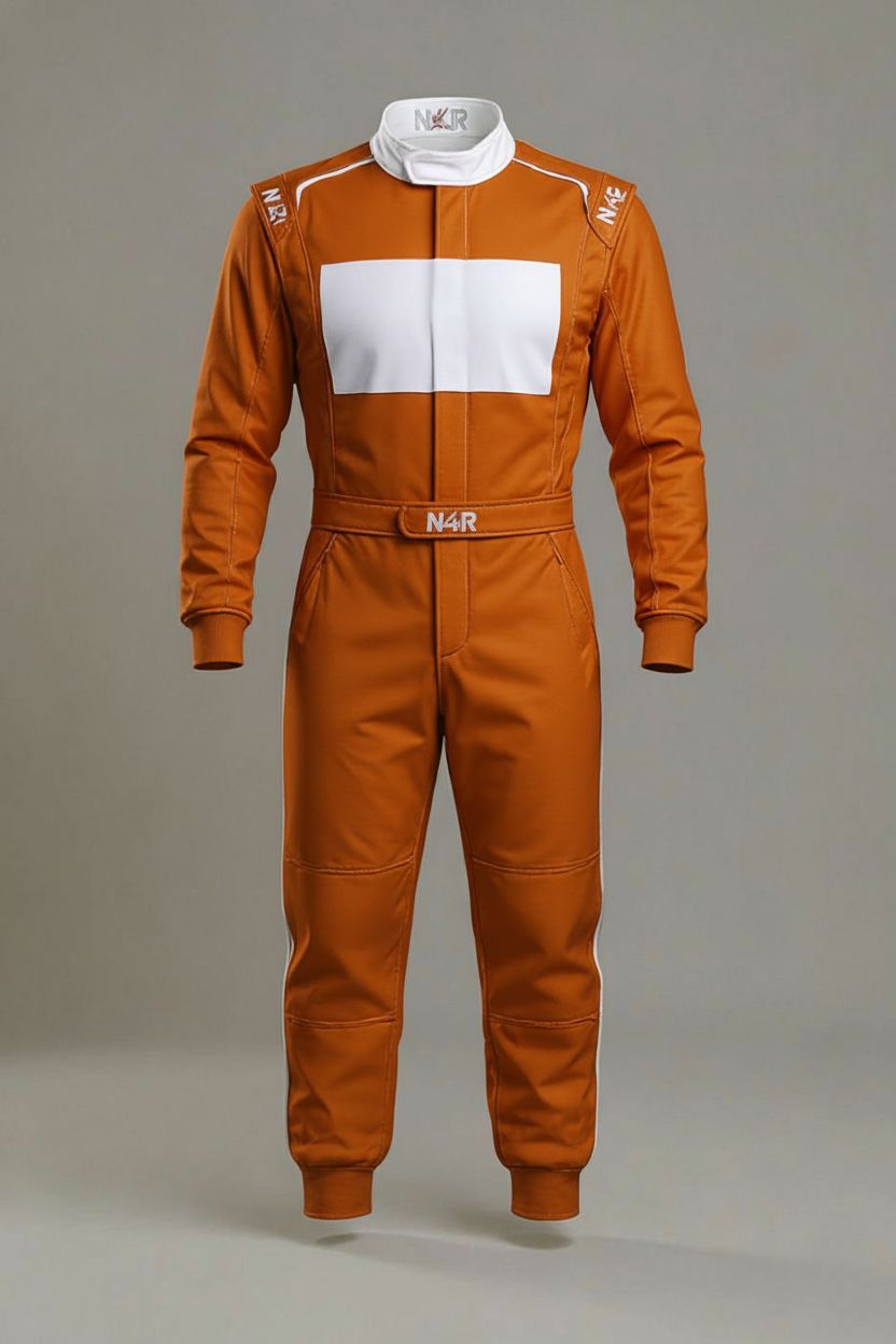 Studio shot of the N4R Trademark International Orange racing suit.